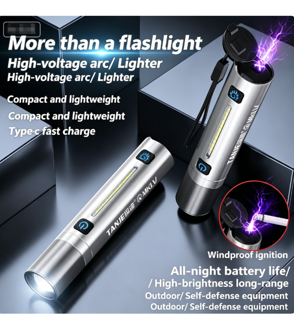 Dual-Light Source, Dual-Arc White Laser Arc Lighter Flashlight | High-Intensity Long-Range Beam + High-Voltage Arc Self-Defense + COB Side Warning Light | Retractable Zoom, Type-C Fast Charging, IPX4 Water-Resistant Multi-Function Flashlight
