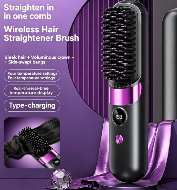 4-in-1 Cordless Styling Wonder Straightening, Volumizing, and Bang Styling Straightening Brush Smooth Hair in a Single Stroke with LCD Display