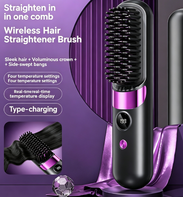 4-in-1 Cordless Styling Wonder Straightening, Volumizing, and Bang Styling Straightening Brush Smooth Hair in a Single Stroke with LCD Display