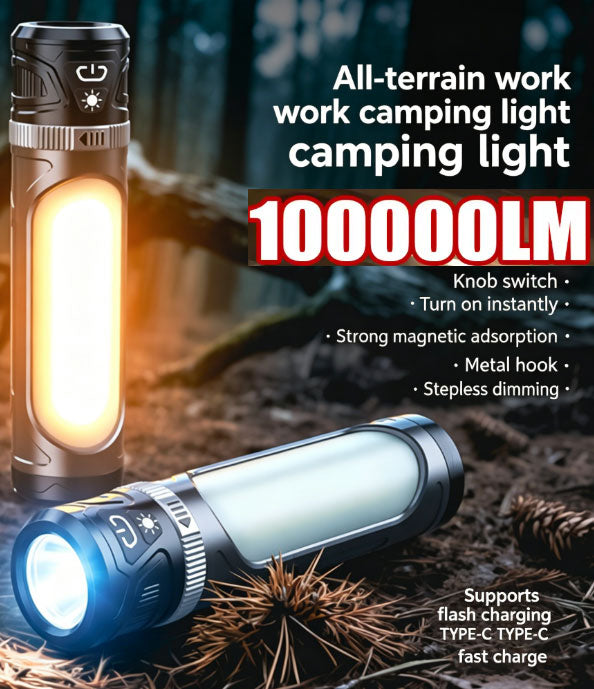 7000K All-Terrain Work and Camping Light 100000LM Flashlight 3 Color Temperature Settings Stepless Dimming Digital Display Fast Charging Strong Magnetic Attachment Step-style Rotating Switch Emergency Power Output