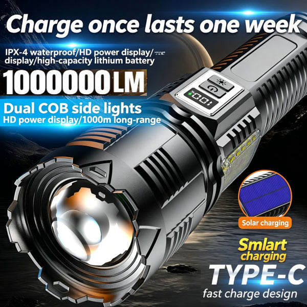 Solar Smart Digital Display Never-Run-Out-of-Power Spotlight White Laser Flashlight Retractable Zoom + COB Side Light + Emergency Window Breaker 4999-Meter Range