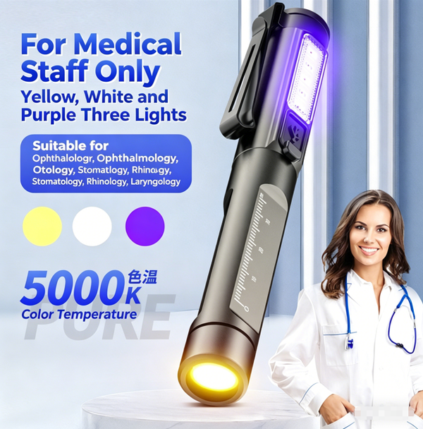 5000K Yellow/White/UV Three-in-One Examination Flashlight · Suitable for ENT, Ophthalmology, and Dentistry · 32 hours Battery Life · Essential for Home and Clinic Use
