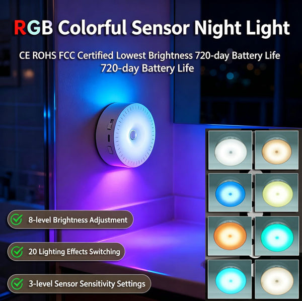 RGB Color-Changing Motion Sensor Night Light – 20 Lighting Effects + 8 Brightness Levels | PIR Motion Sensor – Turns On When Someone Approaches | 2000mAh Rechargeable Magnetic Night Light – Magnetic Mount for Drill-Free Installation