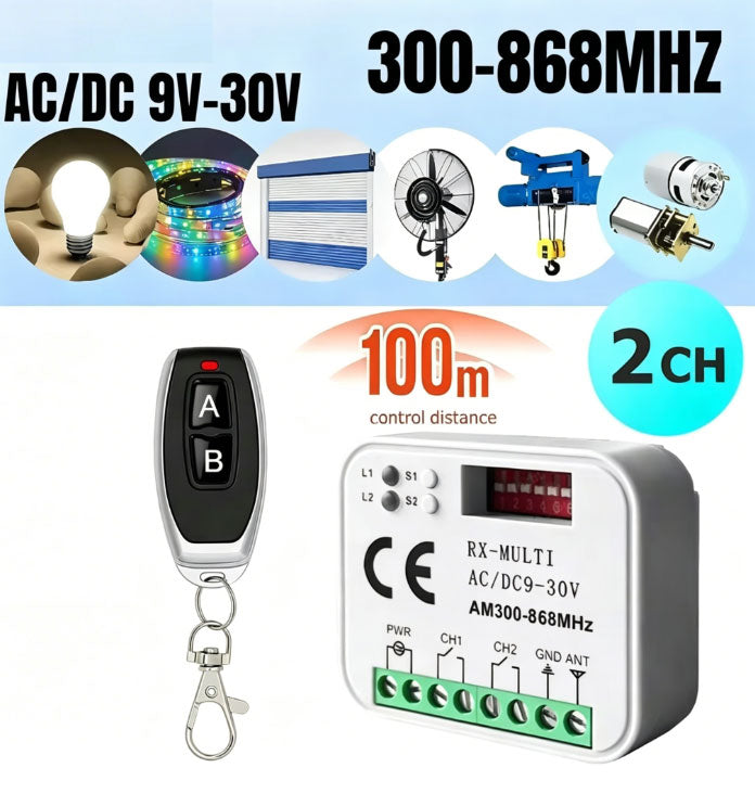 RX-MULTI 300-868MHz Universal Multi-Frequency Receiver WITH 1 Remote Control – 2-Channel Relay Output for Gate, Door, Light & Alarm