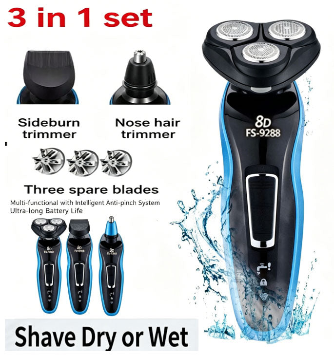 3-in-1 8D Electric Shaver | Wet/Dry Shaving, Fully Washable  Nose & Sideburn Trimmer Set