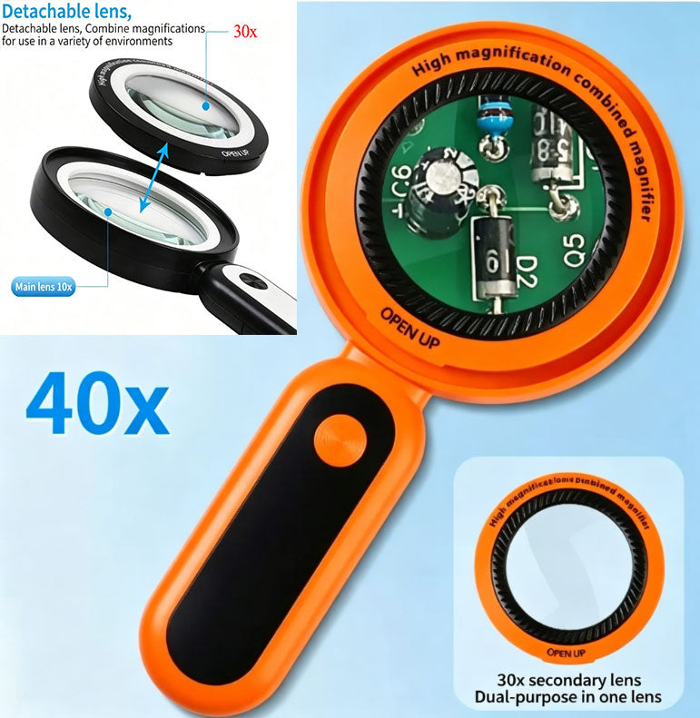 SunFire 10x/30x Dual-Lens Handheld Magnifier with 21 LED Lights | Removable Dual Lenses | Ideal for Electronics Repair, Reading, and Jewelry Appraisal