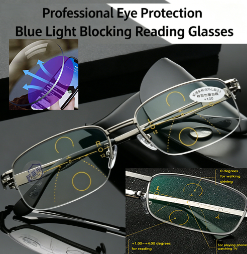 Premium Metal Smart-Zoom Multifocal Reading Glasses | Blue Light Protection to Reduce Eye Strain | Scratch-Resistant