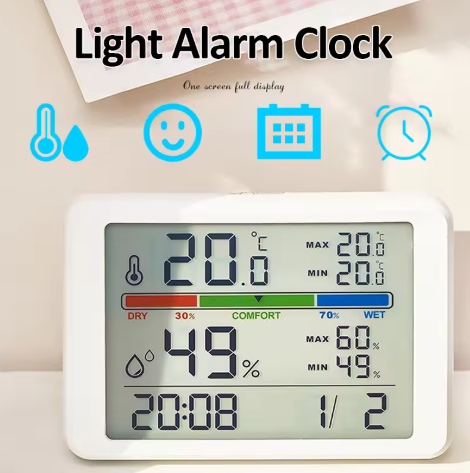 Indoor Digital Thermometer Hygrometer Alarm Clock LCD Display Magnetic Humidity and Temperature Monitor with Alarm Clock Function for Table