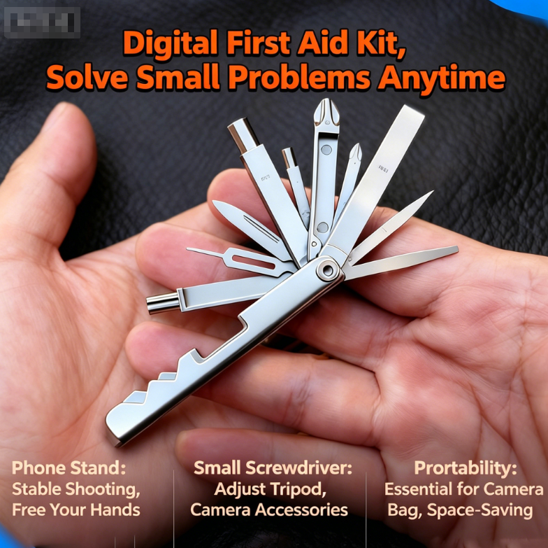 17-in-1 Multi-Tool Card: precision screwdrivers, SIM ejector, bottle opener, phone stand, hex wrenches, ruler, and more. Designed to fix loose eyeglass screws, adjust camera tripods, repair small electronics. Carry anywhere