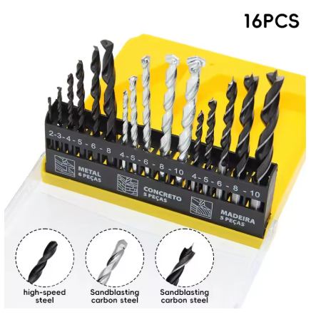 16Pcs HSS & Masonry & Wood Drill Bit Set – Multi-Purpose for Metal, Concrete, Wood, Plastic & Ceramic