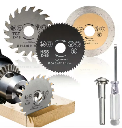 3PCS Rotary Saw Blade Set + 6mm Mandrel – HSS/TCT/Diamond Cutting Wheels for Wood, Plastic, Soft Metal, Ceramic – Fits Rotary Tool & Drill