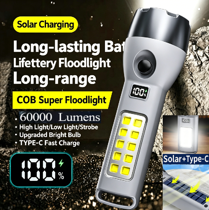 60000LM Solar-Powered LED Flashlight Outdoor Multi-Function COB Work Light USB Fast Charging Portable Light Spot & Flood Dual-Mode