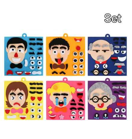 6 Sets Felt Non-Woven Fabric Face Puzzle Craft Kit – Interchangeable Velcro Facial Features, Creative DIY Educational Toy