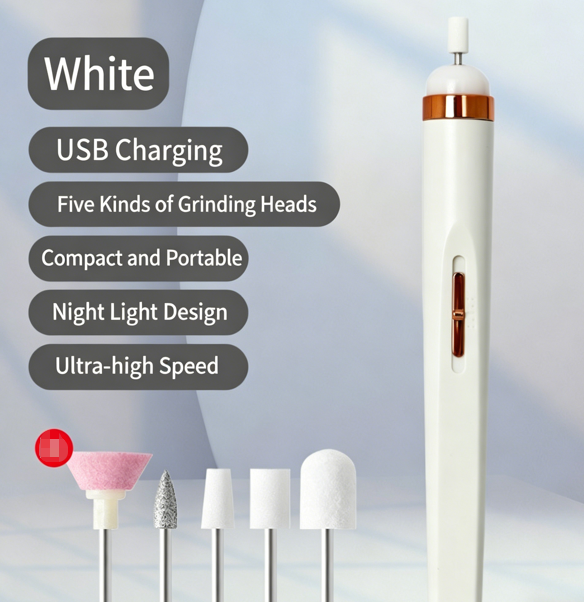Electric Nail File with 5 Attachments + LED Light | USB-Rechargeable Nail Tool | 2-Speed Reversible Motor