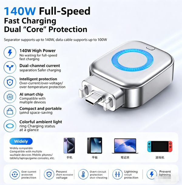 140W Fast Charging Smart Power-Off Protector Automatic Disconnect When Fully Charged Compatible with Phones, Laptops, Power Banks, and Mini Fans Works with Apple and Android Devices