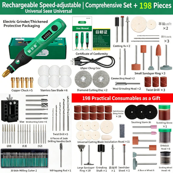 198Pcs Mini Electric Grinder Set | Rechargeable & Mains-Powered with 5-Speed Settings | Master Every Detail with a Single Tool (Grinding/Polishing/Engraving/Rust Removal/Drilling/Cutting)
