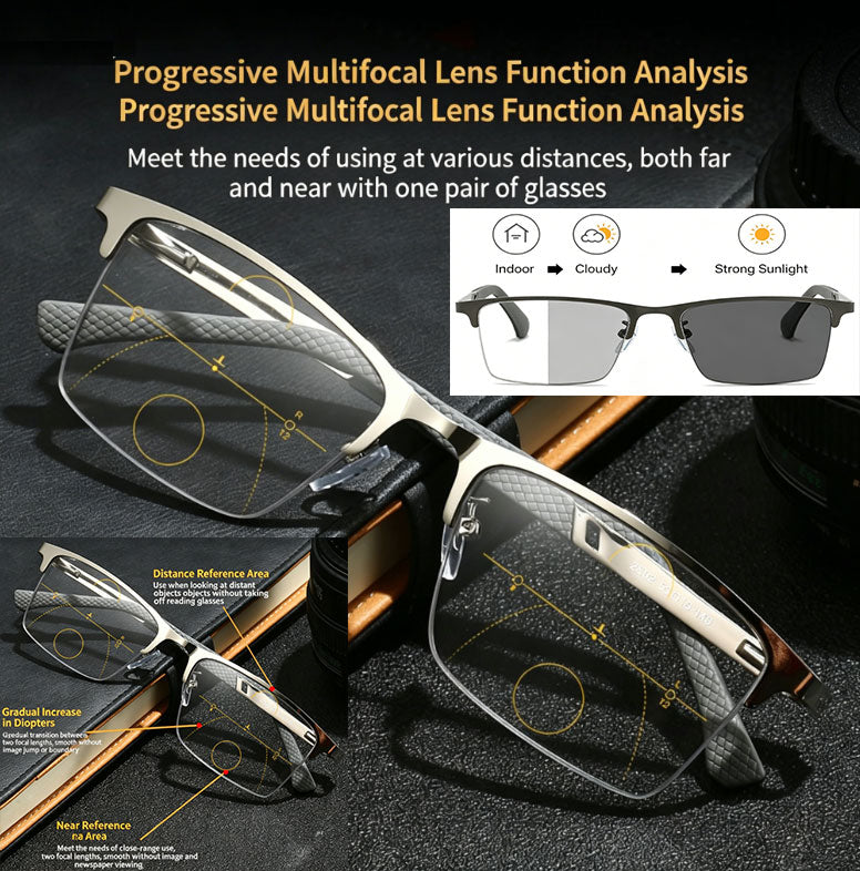 Smart Zoom Anti-Blue Light Sports Reading Glasses Progressive Multifocal for Near and Far Vision Photochromic