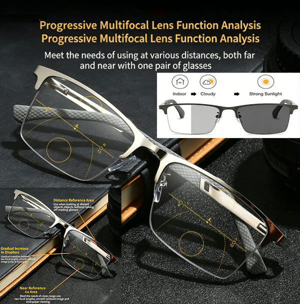 Smart Zoom Anti-Blue Light Sports Reading Glasses Progressive Multifocal for Near and Far Vision Photochromic