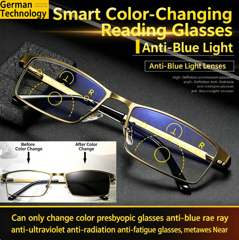 High-end Gold-rimmed Smart Zoom Anti-Blue Light Photochromic Reading Glasses Progressive Multifocal An Outdoor Essential