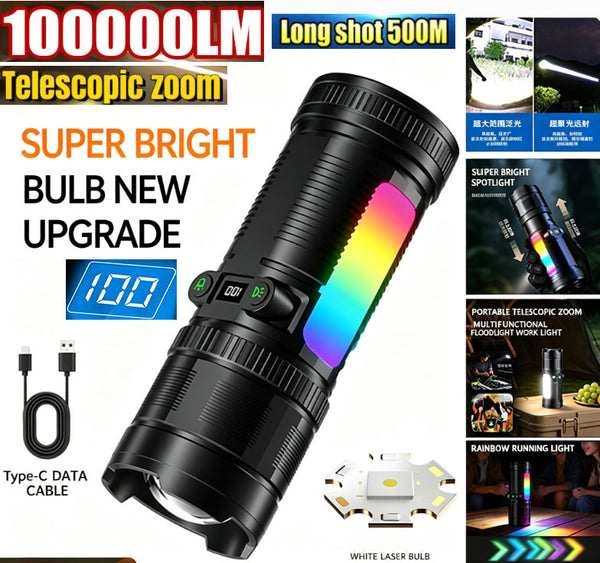 100000LM Dual-Switch White Laser Zoom Flashlight with Neon Running light 2500mAh, Digital Display, Hidden Type-C Port, Side Light & SOS Mode for Home, Outdoor and Emergency Use