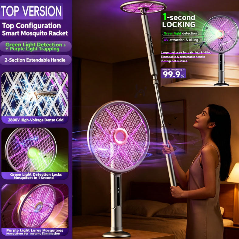 Newest Upgrade Smart Electric Mosquito Racket | Green Light Detection + Purple Light Attraction | Two-Stage Telescopic Handle | 2500–2800V High-Voltage Mosquito Elimination | Safe for Pregnant Women and Infants