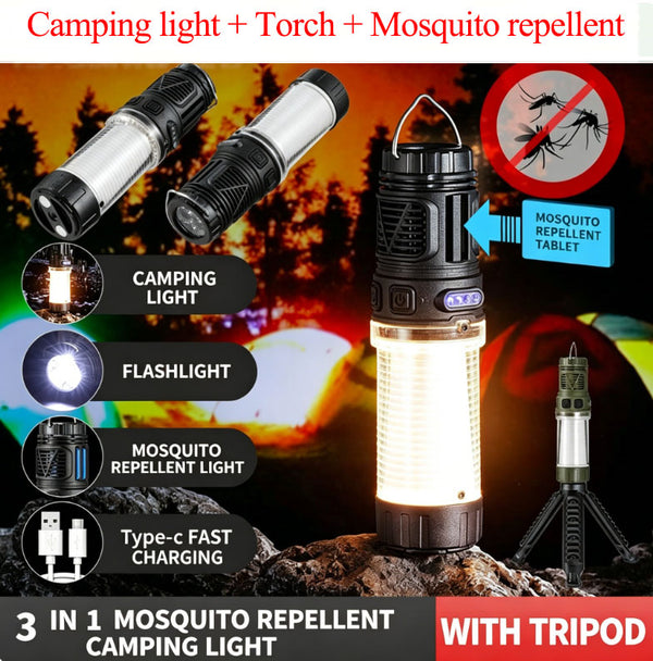 3-in-1 Mosquito Repellent Camping Light Torch: 3 Colour Temperatures + 3 Flashlight Modes 4000mAh High-Capacity Battery Strong Magnetic Attachment + Portable Hook + Tripod Mount