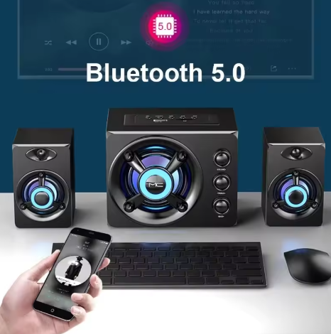 1Set Powerful Bluetooth Speakers with Colourful LED Lighting for Home Theatre and TV, Wireless Subwoofer, Stereo Surround Sound, Wooden Finish, USB and Wired Connections