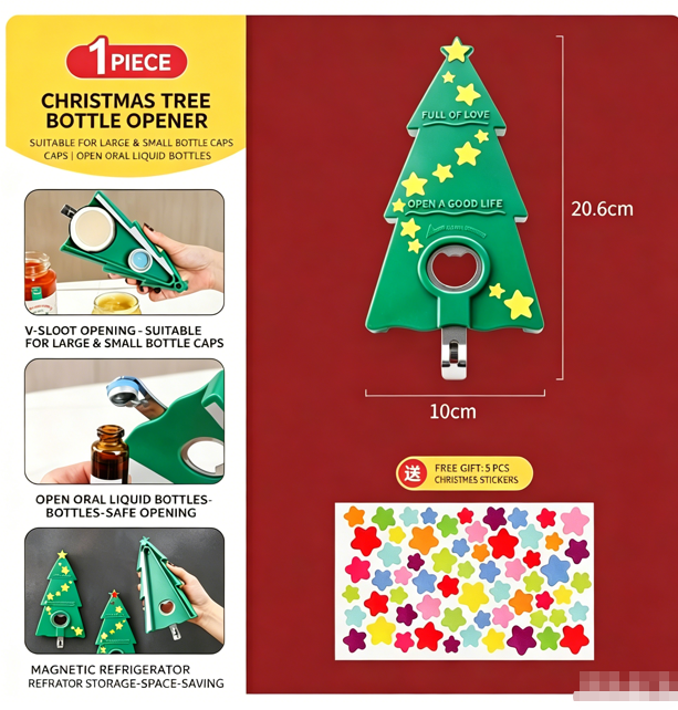5 IN 1 Christmas Tree Bottle Opener | Multifunctional Magnetic Fridge Magnet | Effortless Home Can Opener — Suitable for All Sizes of Bottle Caps
