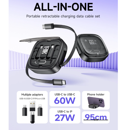 6-in-1 PD60W Retractable Fast Charging Data Cable Set Box USB A Type-C Portable Charger For iPhone Samsung Android