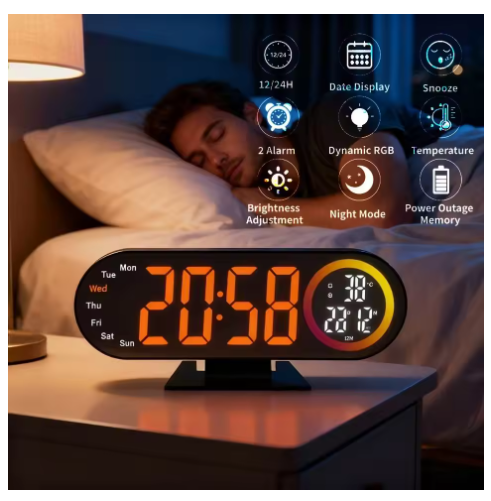 LED Mirror Clock 8.5" Alarm Clock with 16 Color RGB Light USB Powered Table Clock Temp Week Display For Home Bedroom Office