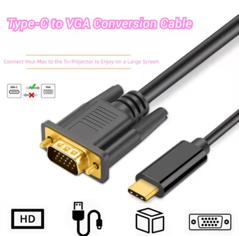 1.8M USB-C to VGA Cable 1080P Type C Adapter HD TV Cable Converter for MacBook VGA Monitor Projector Connecter HDTV Projector Laptop
