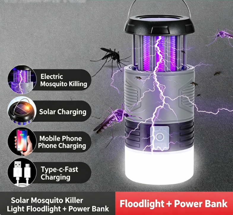 4 in 1 Portable Solar-Powered Electric Mosquito Killer Lamp with LED Lantern, Power Bank, and Weatherproof Design for Camping, Hiking, and Outdoor Adventures