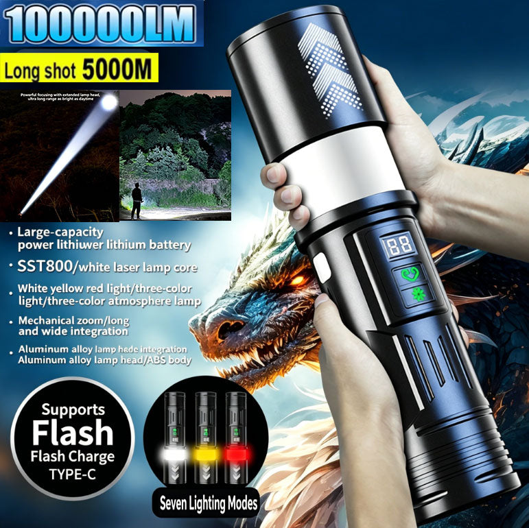 100000LM White Laser Zoom Torch with 360° Hidden Side Light, 5000+ metres of Ultra-long-range Beam for Outdoor Use, Rechargeable, 7 Light Modes