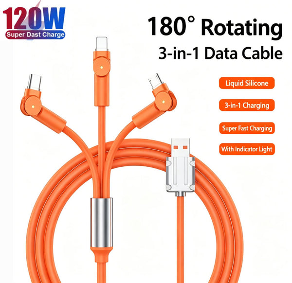 120W Super Fast Charging 180° Zinc Alloy Rotating Head 3-in-1 Data Cable for Samsung & Apple Super Fast Charging with Lightning, Type-C, and Micro-USB three interfaces