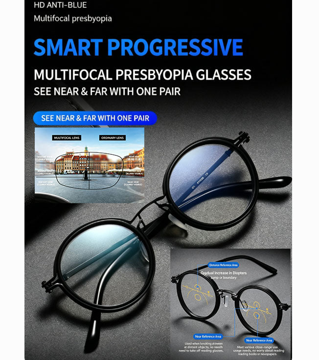 High-end Retro Progressive Multifocal Reading Glasses, Anti-Blue Light, Near & Far Vision, Lightweight Alloy Frame, Presbyopia Eyeglasses for Men & Women