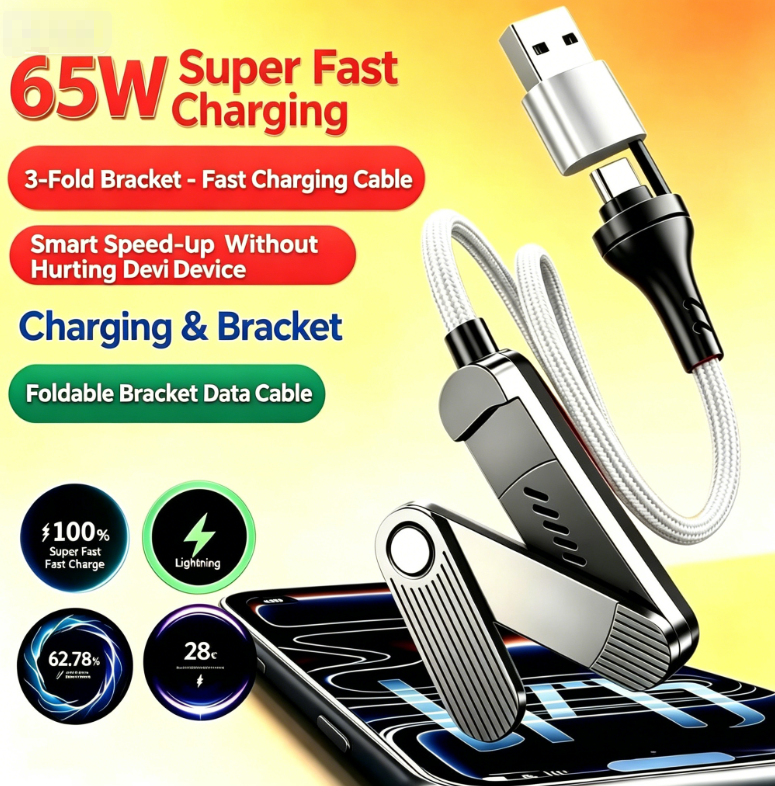 65W Triple-Fold Stand Fast Charging Cable | Built-in Phone Stand · 90° Angled Connector · Supports Fast Charging for Phones, Tablets and Laptops