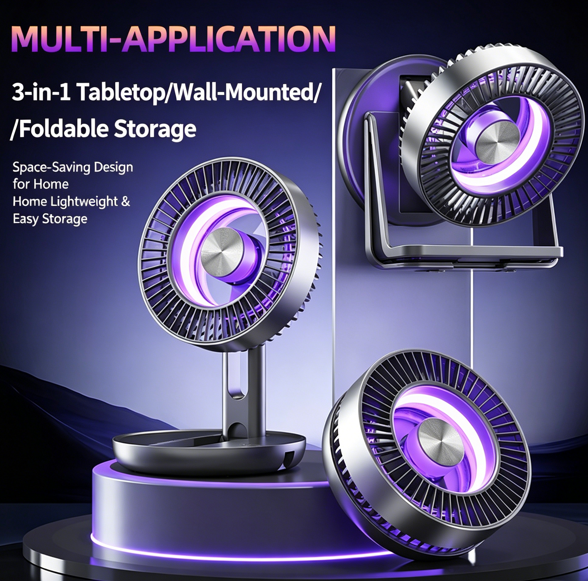 Ultra-Quiet Folding High-Speed LED Light Show Fan | 5-Speed Hurricane Fan | Rechargeable Desk/Wall/Portable Fan for Home, Kitchen and Office