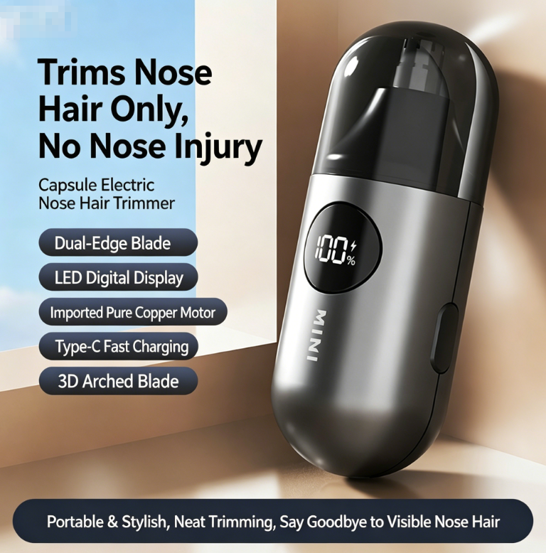 Mini Electric LED Digital Nose Hair Trimmer Double-edged stainless steel blades + 360° open-mesh guard for a close shave in a single pass, without tugging