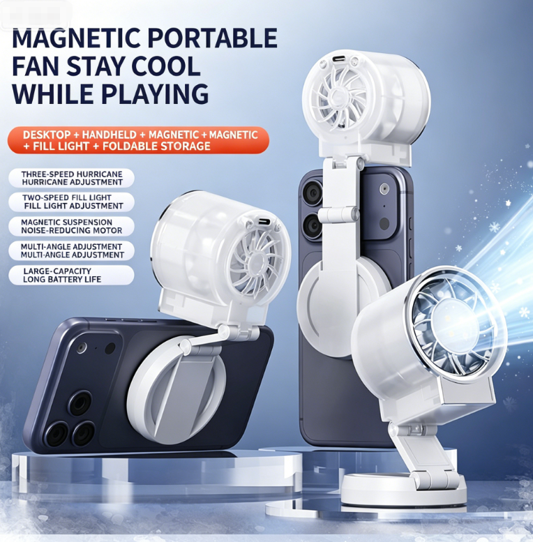 Magnetic Phone-Mounted Lighting Folding Fan | 3-in-1 Desk, Handheld & Phone Magnetic | 3-speed Hurricane Mode + 2-speed Beauty Lighting