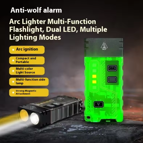Dual-Light Source Mini High-Power Flashlight | Red and Blue Warning Light Bar · Arc Ignition · Buzzer Alarm · Magnetic Tail Cap · Fluorescent Housing – A Multifunctional Emergency Tool