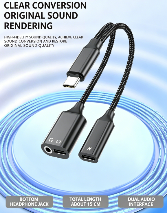 3-in-1 Type-C to 3.5mm Adapter with Charging Support – Supports PD 60W fast charging and Hi-Fi audio, suitable for mobile phones, tablets and laptops