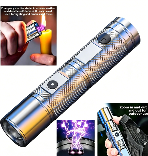 New High-Voltage Dual-Arc Self-Defense 100W Flashlight White Laser Light long-range illumination,  Telescoping Zoom, Ignition, Aluminum Alloy
