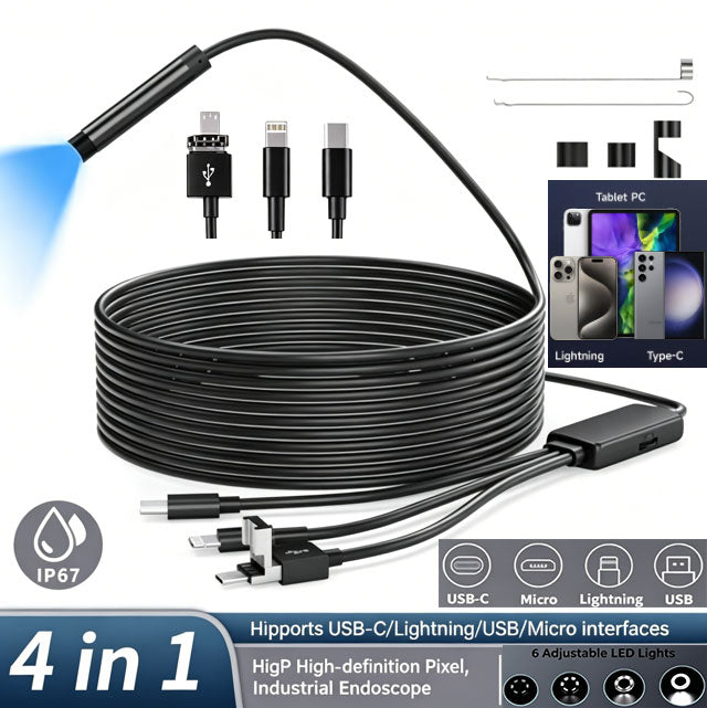 4-in-1 8mm Ultra-Slim Probe HD Industrial Endoscope | Fully Compatible with USB-C, Lightning, USB and Micro Ports | 200W HD Resolution · IP67 Water Resistance · 6 Adjustable LED Lights | Plug-and-play Compatibility with Mobile Phones and Computers.