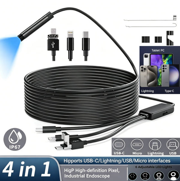 4-in-1 8mm Ultra-Slim Probe HD Industrial Endoscope | Fully Compatible with USB-C, Lightning, USB and Micro Ports | 200W HD Resolution · IP67 Water Resistance · 6 Adjustable LED Lights | Plug-and-play Compatibility with Mobile Phones and Computers.