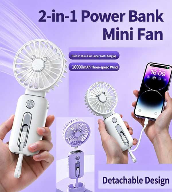 10,000mAh Detachable 2-in-1 Power Bank Mini Fan | Dual Built-in Ports | 53-hour Battery Life | Built-in USB-C and Lightning Cables | Charge 3 Devices Simultaneously
