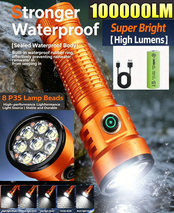 100000-Lumen 8Pcs P35 Core LED Flashlight with 21700A 3000mAh Li-ion Battery – Long-Lasting, Waterproof, USB-C Rechargeable for Outdoor & Emergency Use
