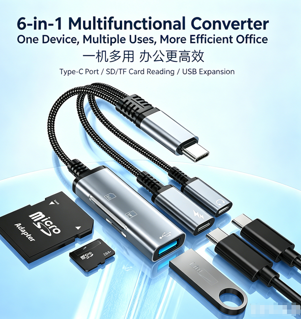 6-in-1 Type-C Phone & Laptop Dock | 60W Fast Charging + Type-C Audio Port + SD/TF Card Reader | Designed for Apple and Android Phones and Laptops