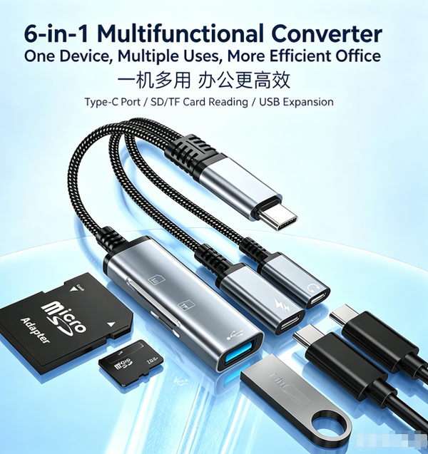 6-in-1 Type-C Phone & Laptop Dock | 60W Fast Charging + Type-C Audio Port + SD/TF Card Reader | Designed for Apple and Android Phones and Laptops