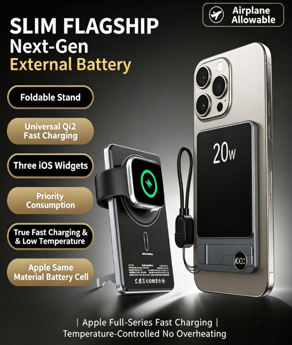 3 in 1 iPhone AirPods Watch Ultra-Thin 20W MagSafe Power Bank – 10000mAh, PD20W Fast Charging, Aluminium Alloy, Qi2 Compatible with iPhone 17/1615/14/13, Samsung, Huawei, AirPods & Watch
