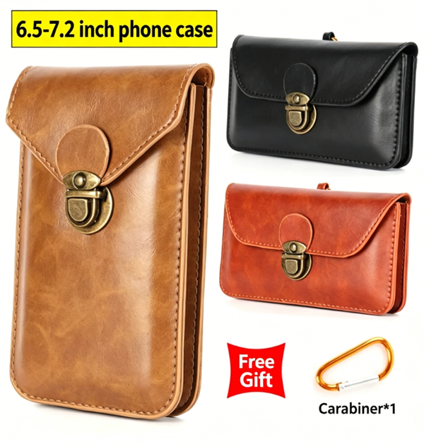 Men’s Double-Layer Vintage Cowhide Leather Phone Belt Pouch,Fits 6.5–7.2-inch Phones